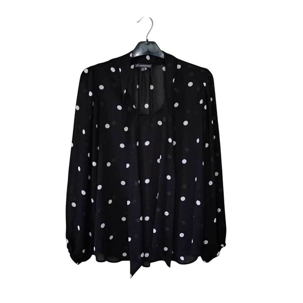 Adrianna Papell Polka Dot Tie Neck Blouse Black White Long Sleeve Top Small